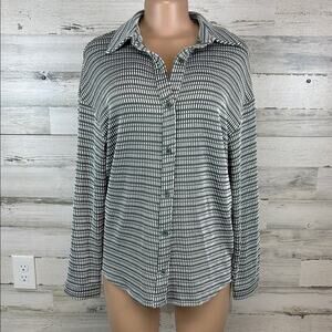 3rd + Malt Stretchy Button Up Green White Women’s Size Large Shirt Career Office